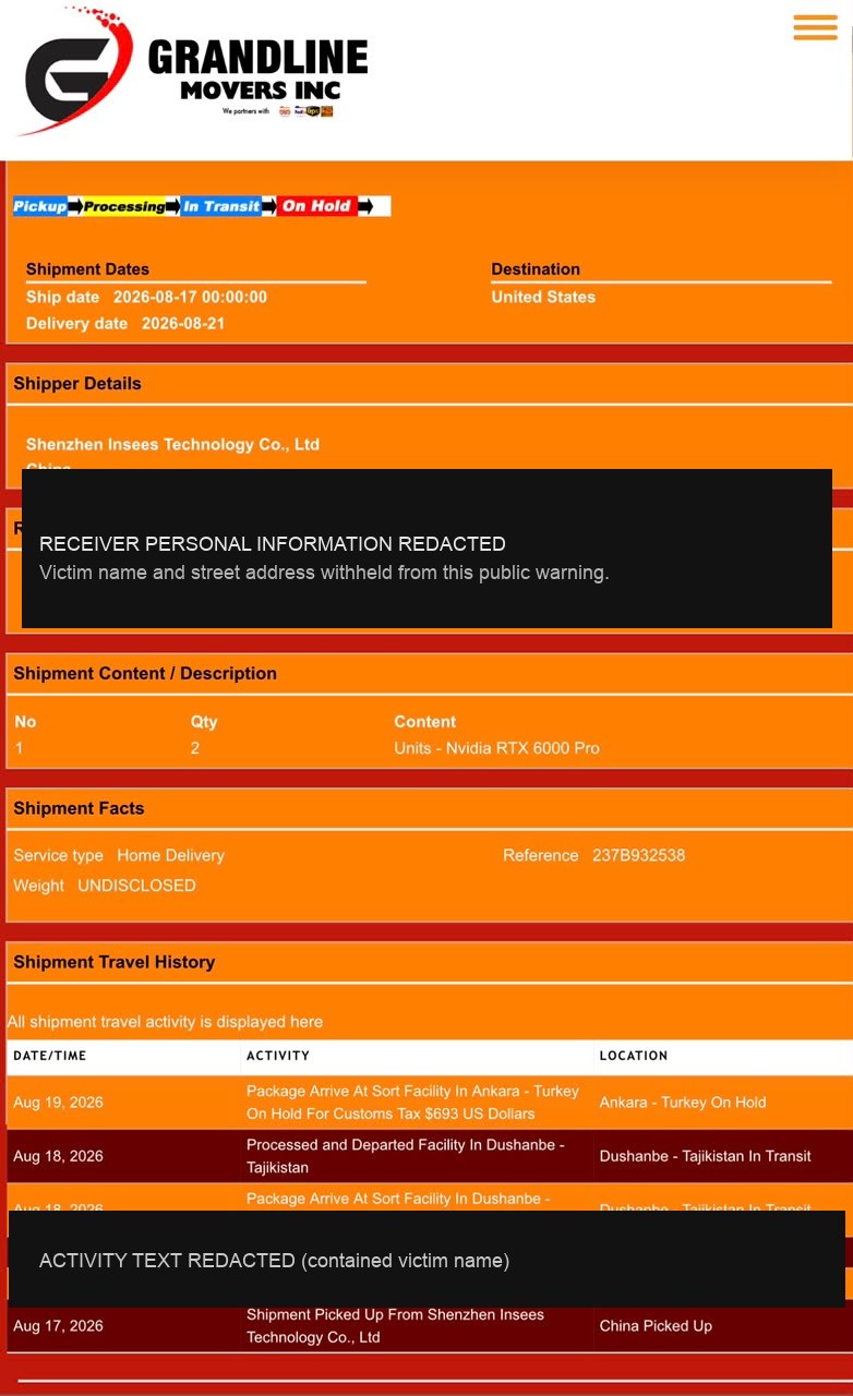 Grandline Movers Inc tracking page showing On Hold for 693 dollar customs tax with victim address redacted