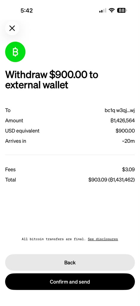 Cash App screen showing 900 US dollars to bc1qw3qj wallet
